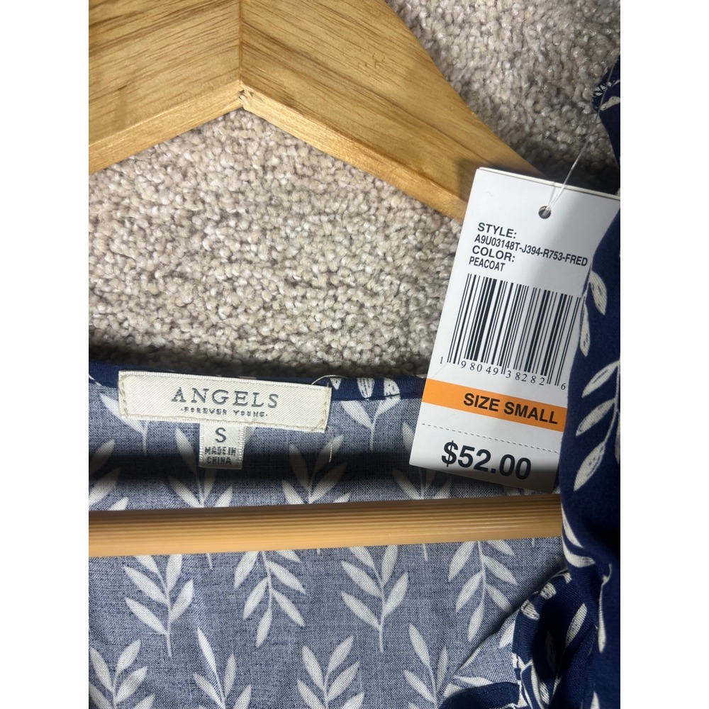 Womans Navy Blue Leaf Print V-Neck Balloon Sleeve Dress Small NWT Boho Peasant - Picture 4 of 7